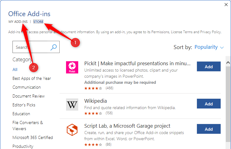 Microsoft Word's add-ins window, with 'Store' and 'My Add-ins' highlighted.