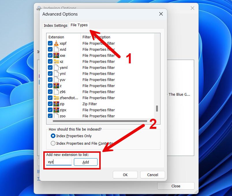 Adding a file type in Advanced Indexing Options on Windows.