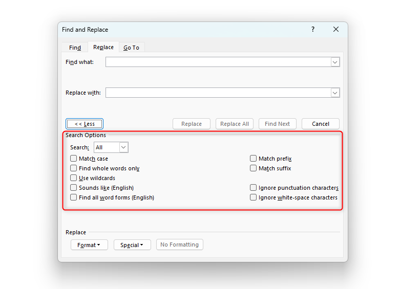 The 'Find And Replace' window open in Word, with the additional search options enabled and highlighted.