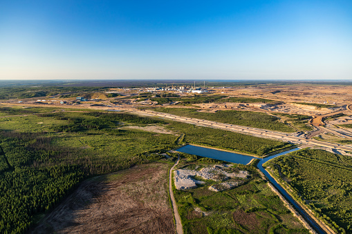 Aerial Ft McMurray surface mining Oilsands Alberta Canada