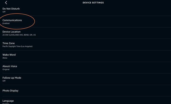 Showing the Communications section of an Alexa device.