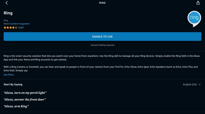 The Ring skill shown on the Alexa app.