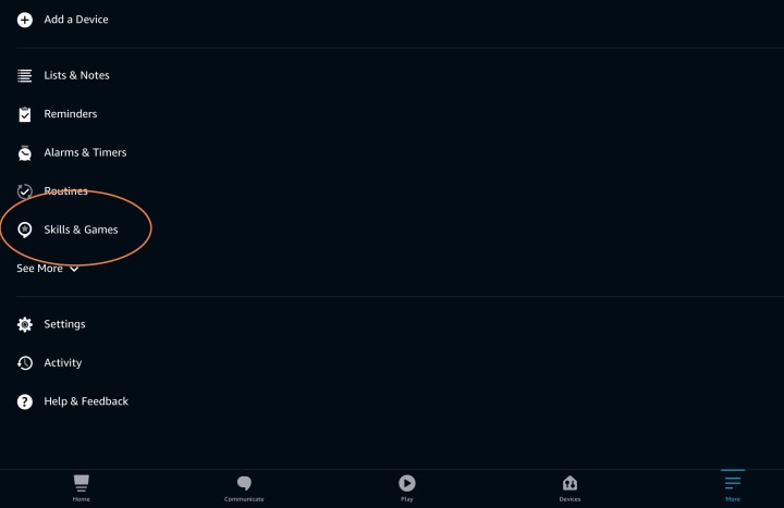 The skills and games section on the Alexa app.