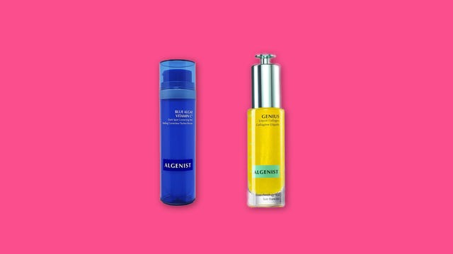 Algenist blue algae Vitamin C bottle next to the collagen gel