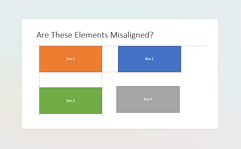 PPT slide with Smart Guides activated and Box 1 being realigned to Boxes 2 and 3 using this feature.