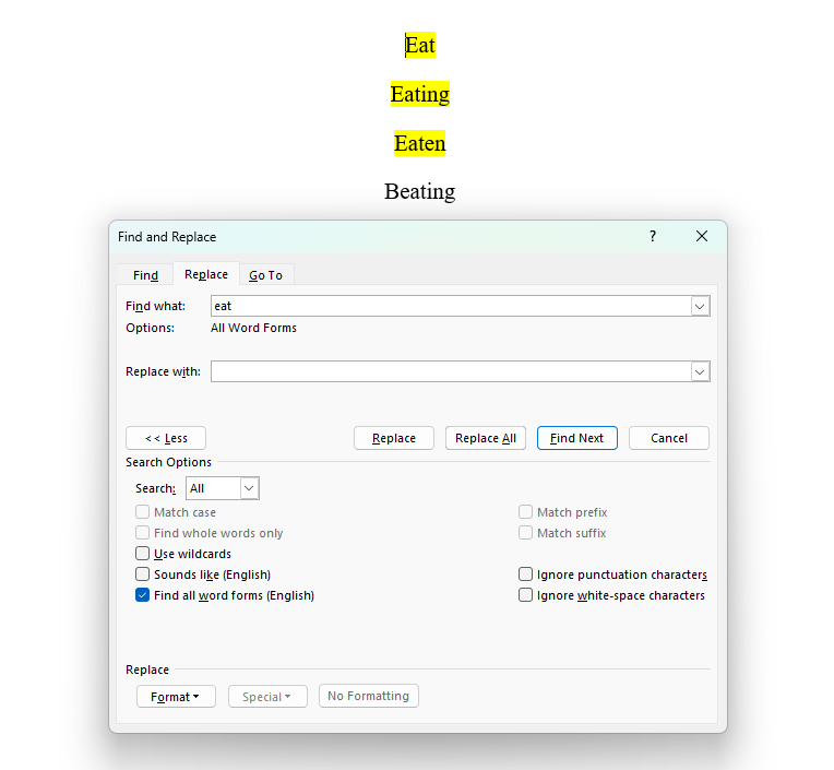 Word document showing 'Find All Word Forms