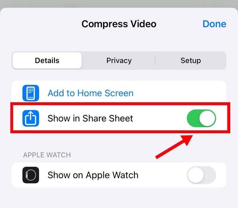 Allow the Show in Share Sheet option