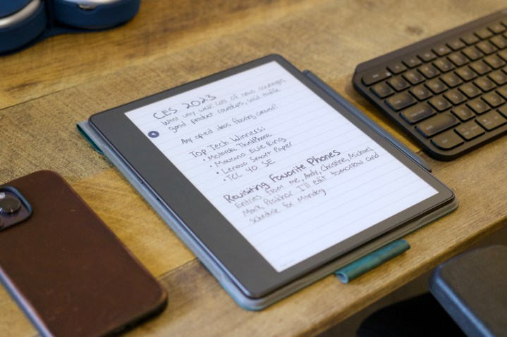 Amazon Kindle Scribe laying on a desk.