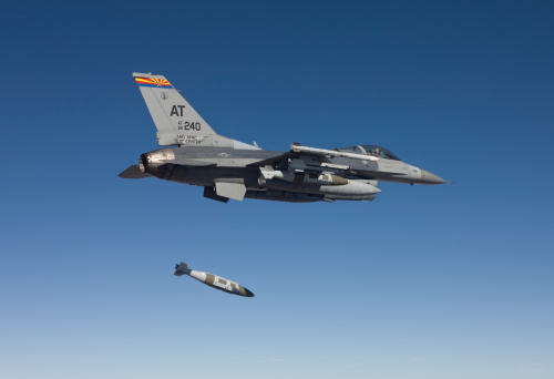 An F-16 Fighting Falcon from the Air National Guard Air Force Reserve Test Center releases a GBU-31 JDAM during to a test mission.