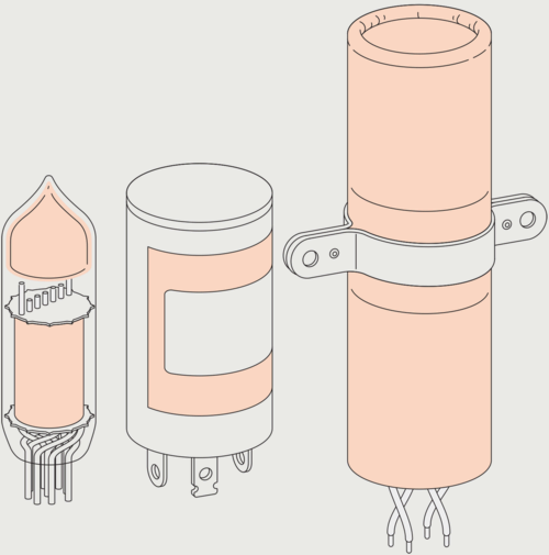 An illustration of a vacuum tube; a squat metal can with electrode tabs; and a long cardboard tube with dangling leads. 