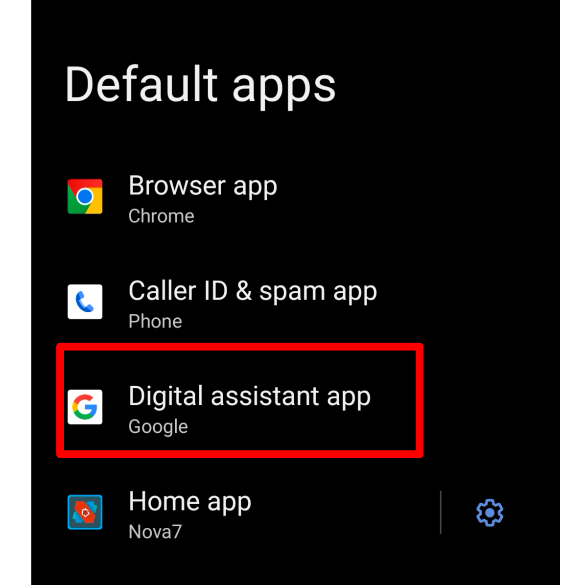 Android's default apps selection menu. The digital assistant app option is highlighted. 