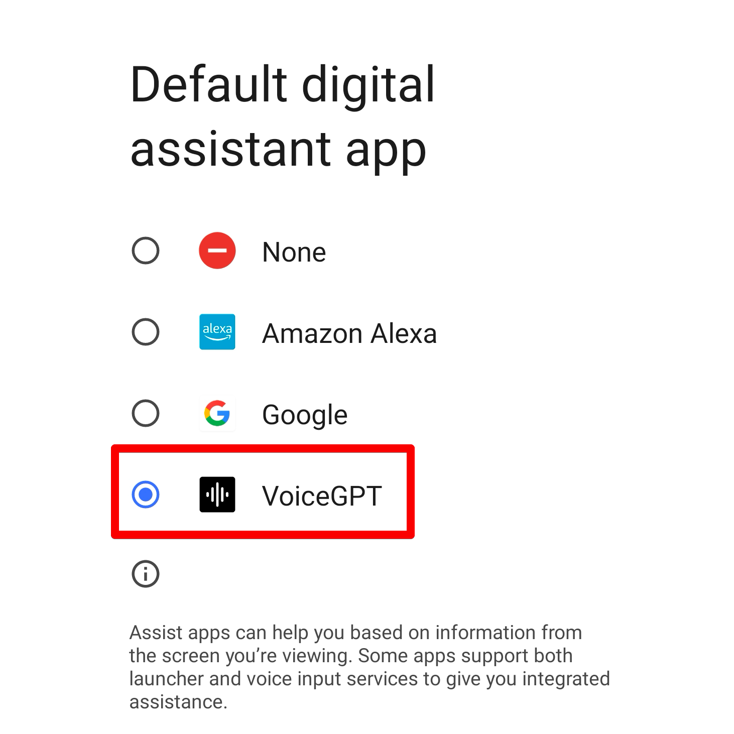 Android's default digital assistant app selection menu. The VoiceGPT app is selected. 