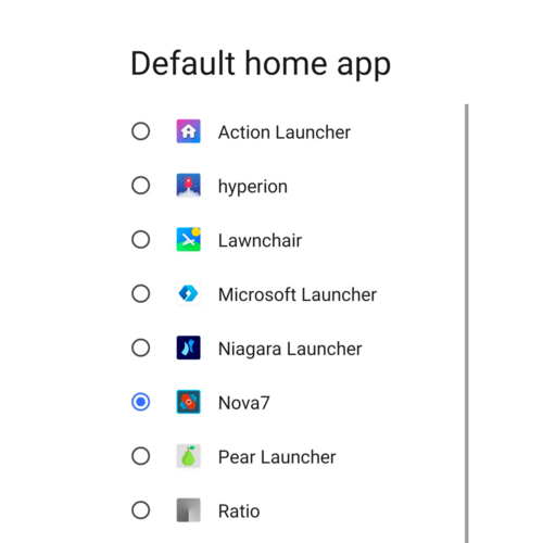 The 'default home app' selection screen displaying all the installed Android launchers on the device. 