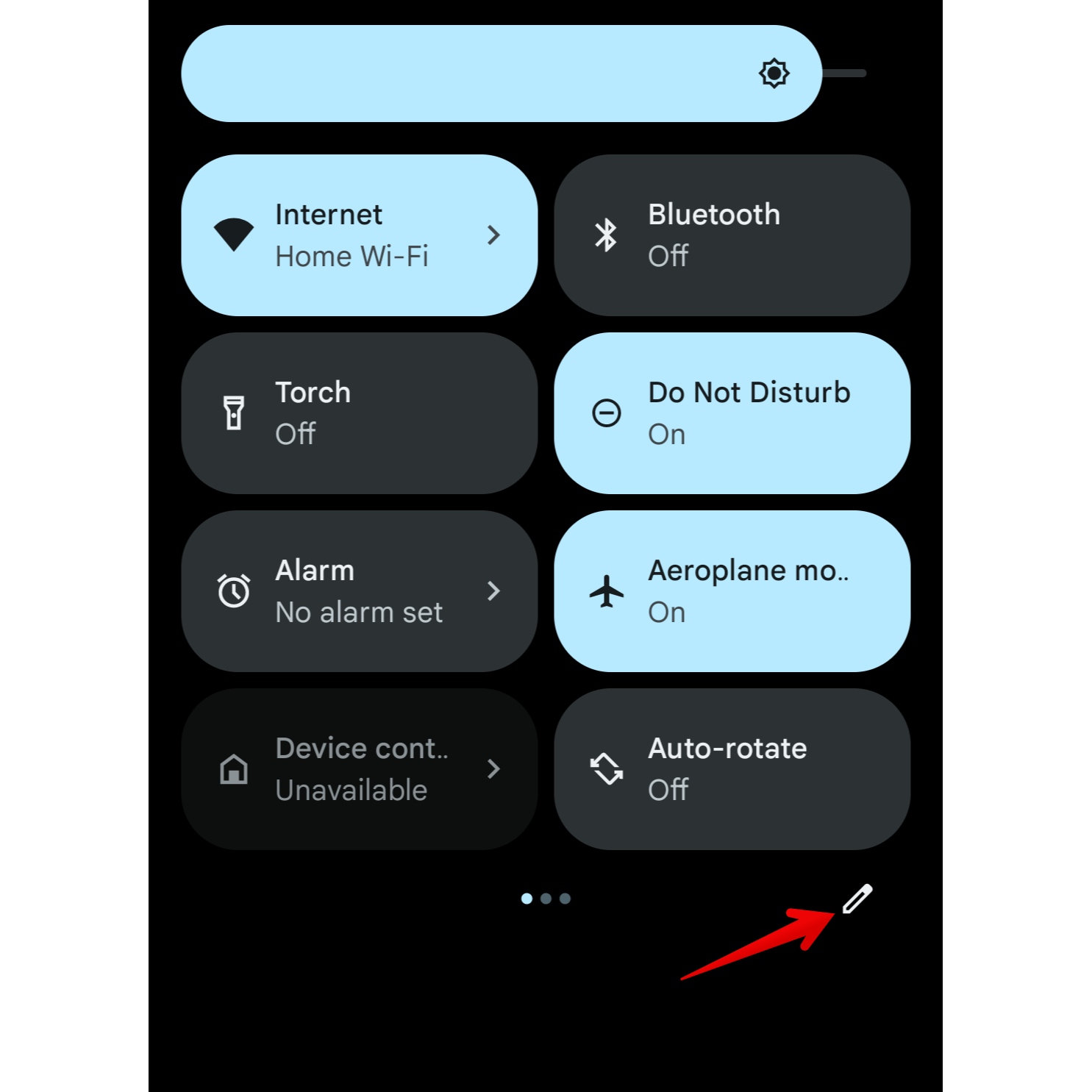 An expanded view of the Android Quick Settings panel with the pencil icon highlighted in the bottom right corner.