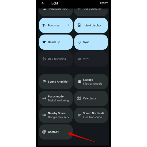 A view of Quick Settings tiles. The ChatGPT tile is located at the bottom. 