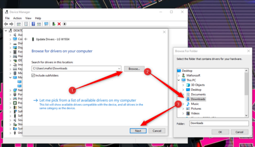 The update drivers section in Device Manager showing how to manually select the folder containing the driver.