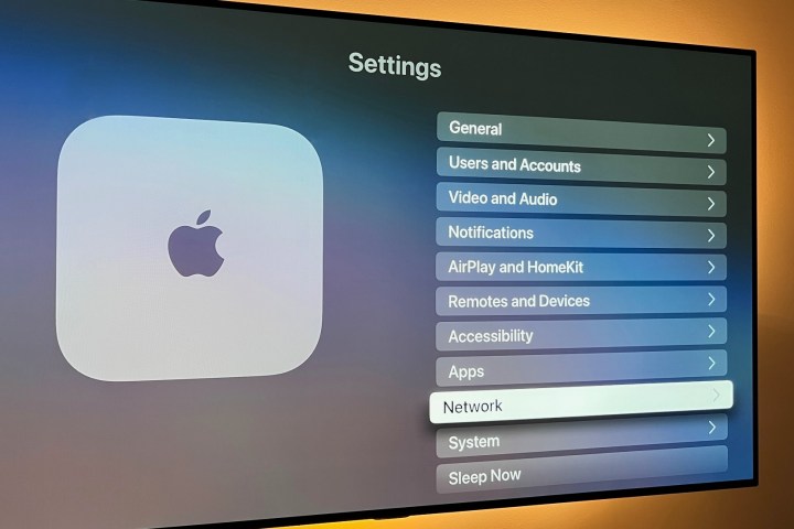 The Apple TVos 16.5 mentu screen showing the Network menu.