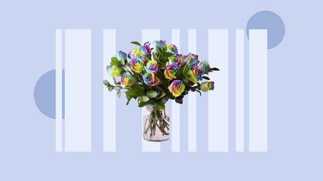 A bouquet of rainbow roses from Pro Flowers in a vase are displayed against a gray-periwinkle background.