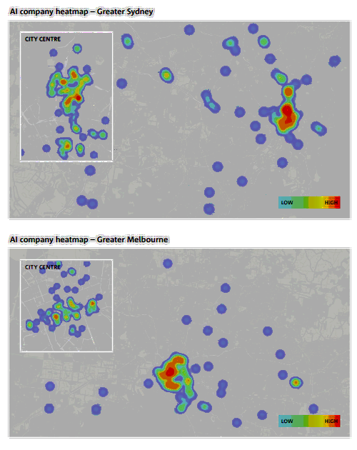 Heat map highlighting the clustering of AI startups in Sydney and Melbourne.