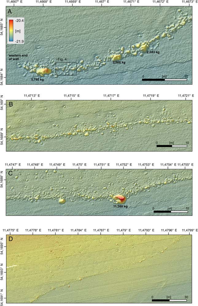 Data showing the overall shape of the wall and some of the largest rocks in it.