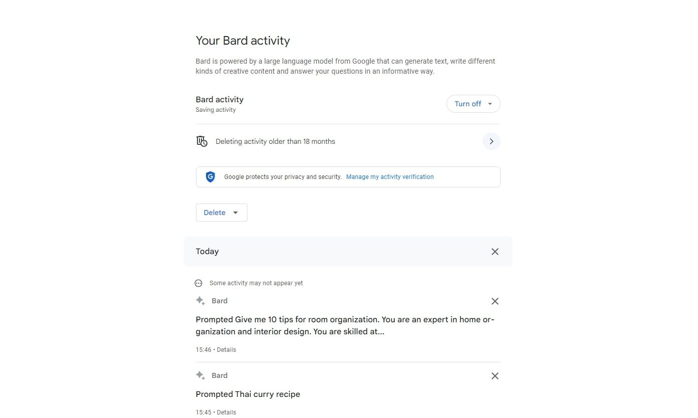 Google Bard's activity settings page on desktop browser.