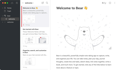 The Bear app showing a Welcome to Bear note.