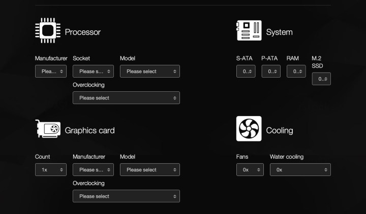 The various component fields on the Be Quiet PSU Calculator.