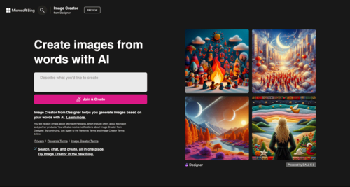 A screenshot of the Bing AI Image Creator landing page.