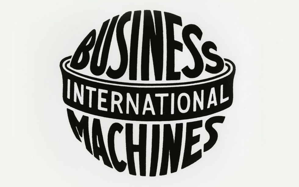 Black and white logo with the words "International Business Machines" shaped into a globe