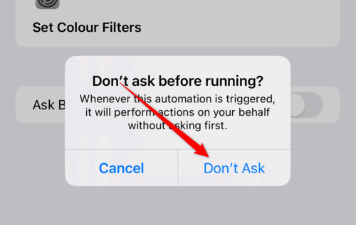 A dialog box in the Shortcuts app asking for confirmation to turn off 'ask before running.'