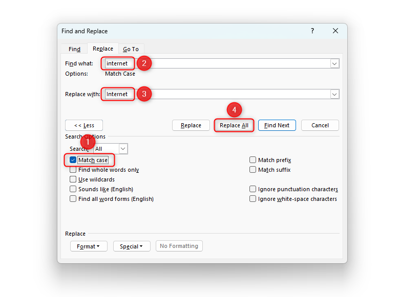 'Find And Replace' window with the 'Match Case' option checked and the example of 'internet' (without a capital) to 'Internet' (with a capital) typed into the boxes.