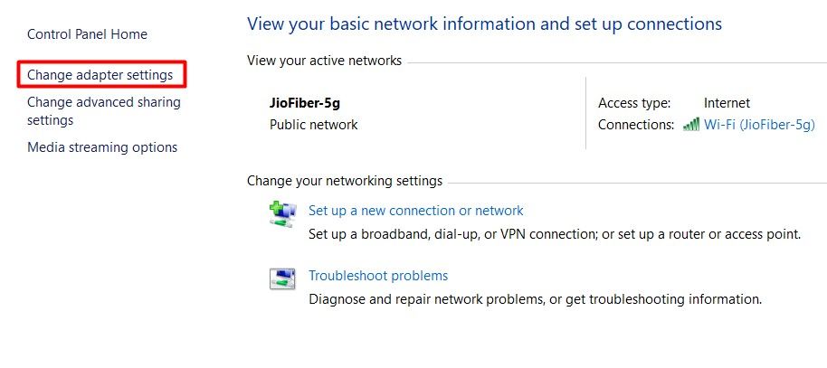 Change adapter settings option in the Control Panel.