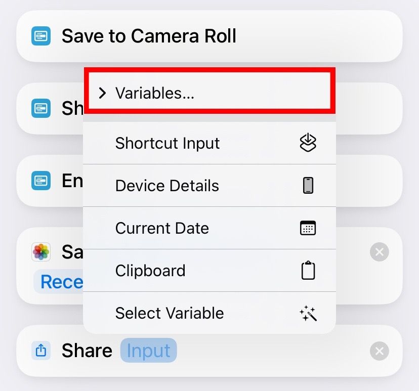 Change the Share action's input by tapping Variables...