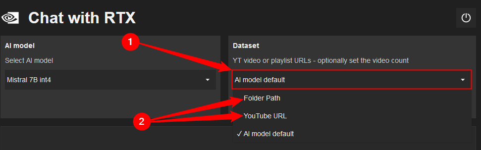 Click the drop-down menu under 'Dataset,' then select 'Folder Path' or 'YouTube URL.'