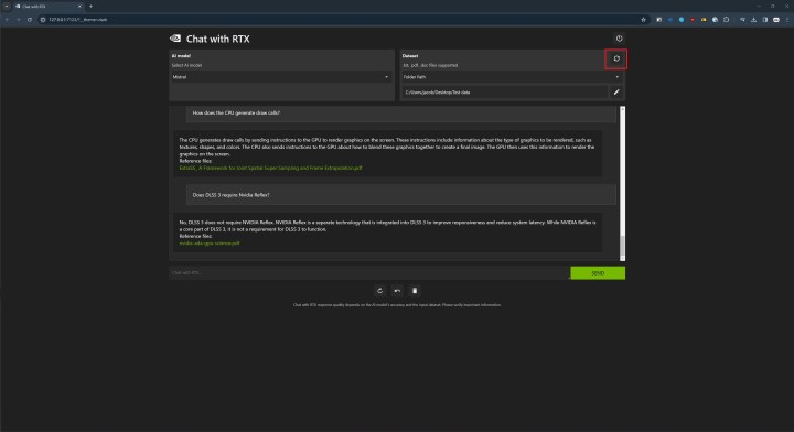 The refresh icon in Chat with RTX.