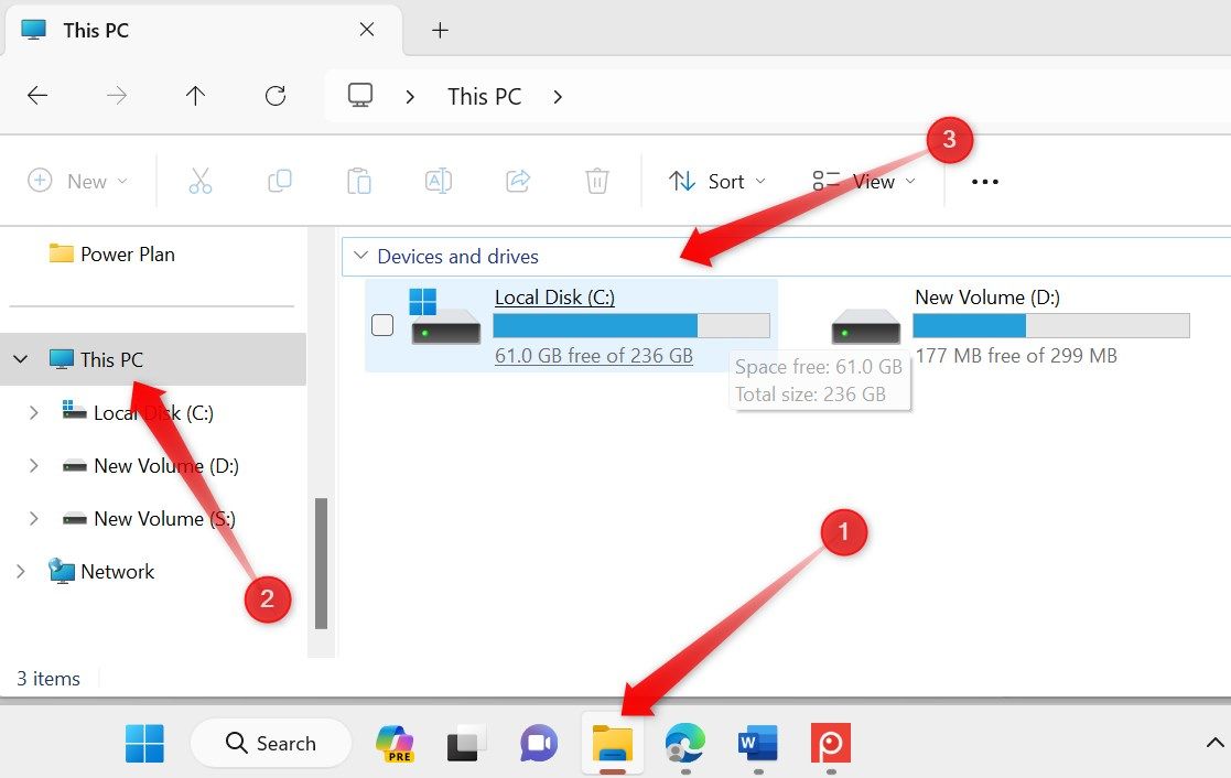 Checking the storage space of C drive in Windows File Explorer.