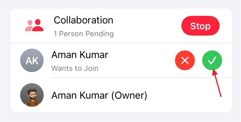 Checkmark sign for accepting the invitation to a collaborative playlist in Apple Music.