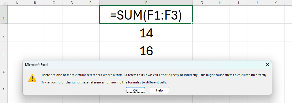 Excel sheet with a 'Circular Reference' warning showing.