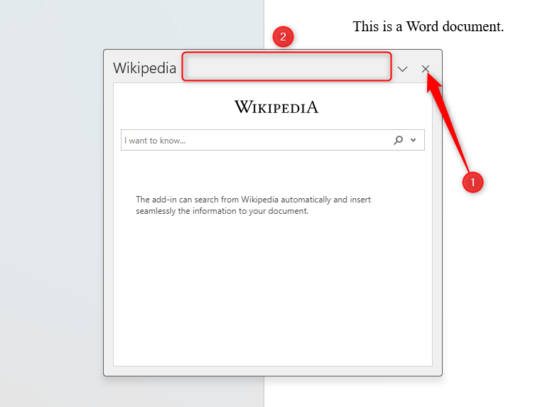 Word document showing a floating add-in window, highlighting the 'X' button for closing the window, and the bar at the top of the window used to reposition it.