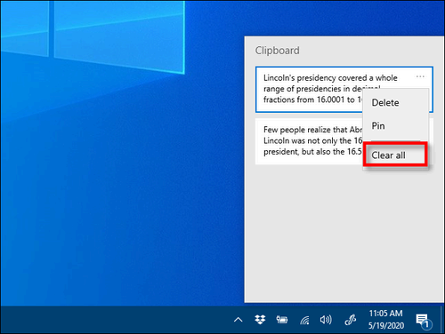 Click clear all in Clipboard history on Windows 10