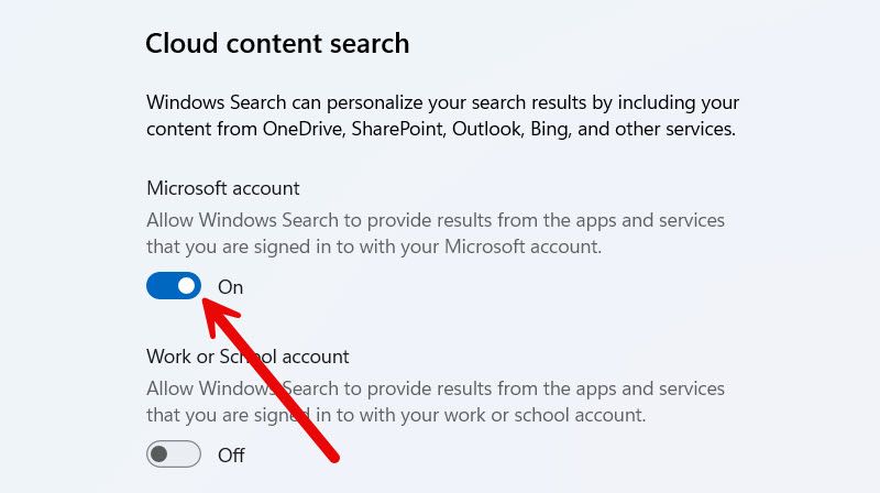 Turning on cloud search for Microsoft account on Windows 11.