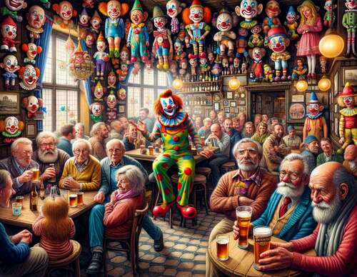 A clown in this puppet pub serves drinks