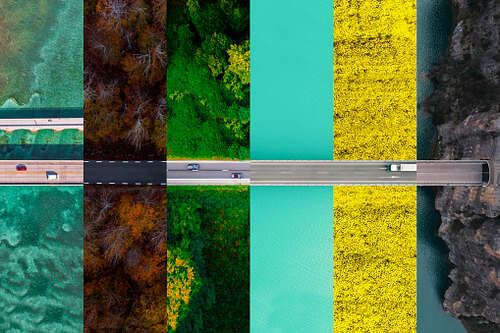 Collage composition matching roads from directly above in different scenarios and seasons.