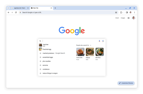 The Chrome new tab page showing search suggestions with a 