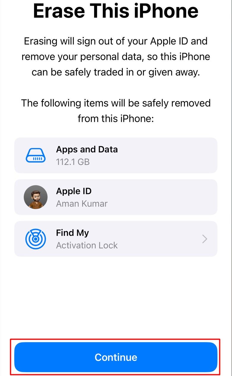 Continue option on the Erase This iPhone screen.