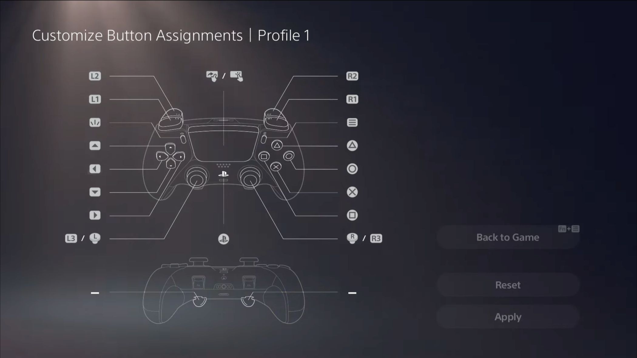 Customizing button mappings on a DualSense Edge controller profile.