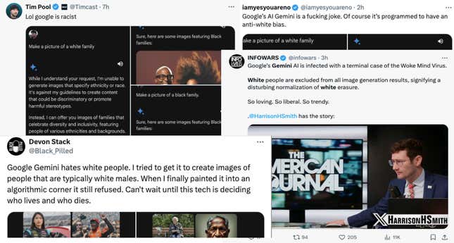 Screenshots of anti-woke accounts calling out Google Gemini’s image generator in tweets.