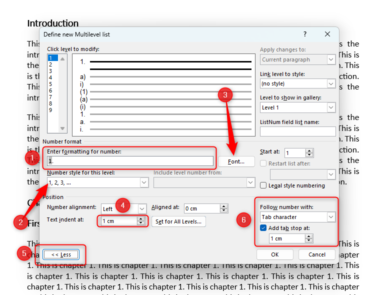 'Define New Multilevel List' dialog box with the six steps highlighted.