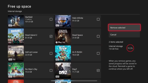 Deleting multiple games at once from Xbox storage.