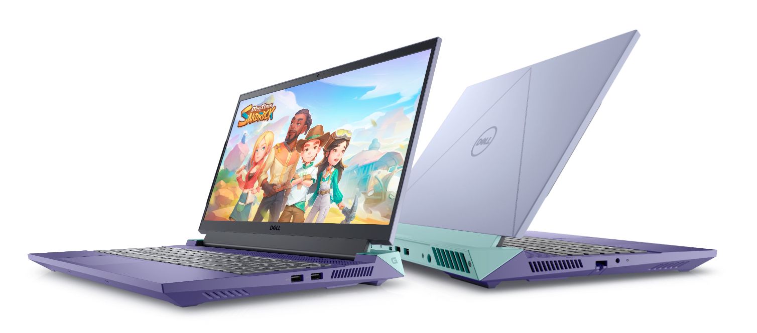 Dell G15 laptop in Pop Purple color, shown in angled front and angled back views